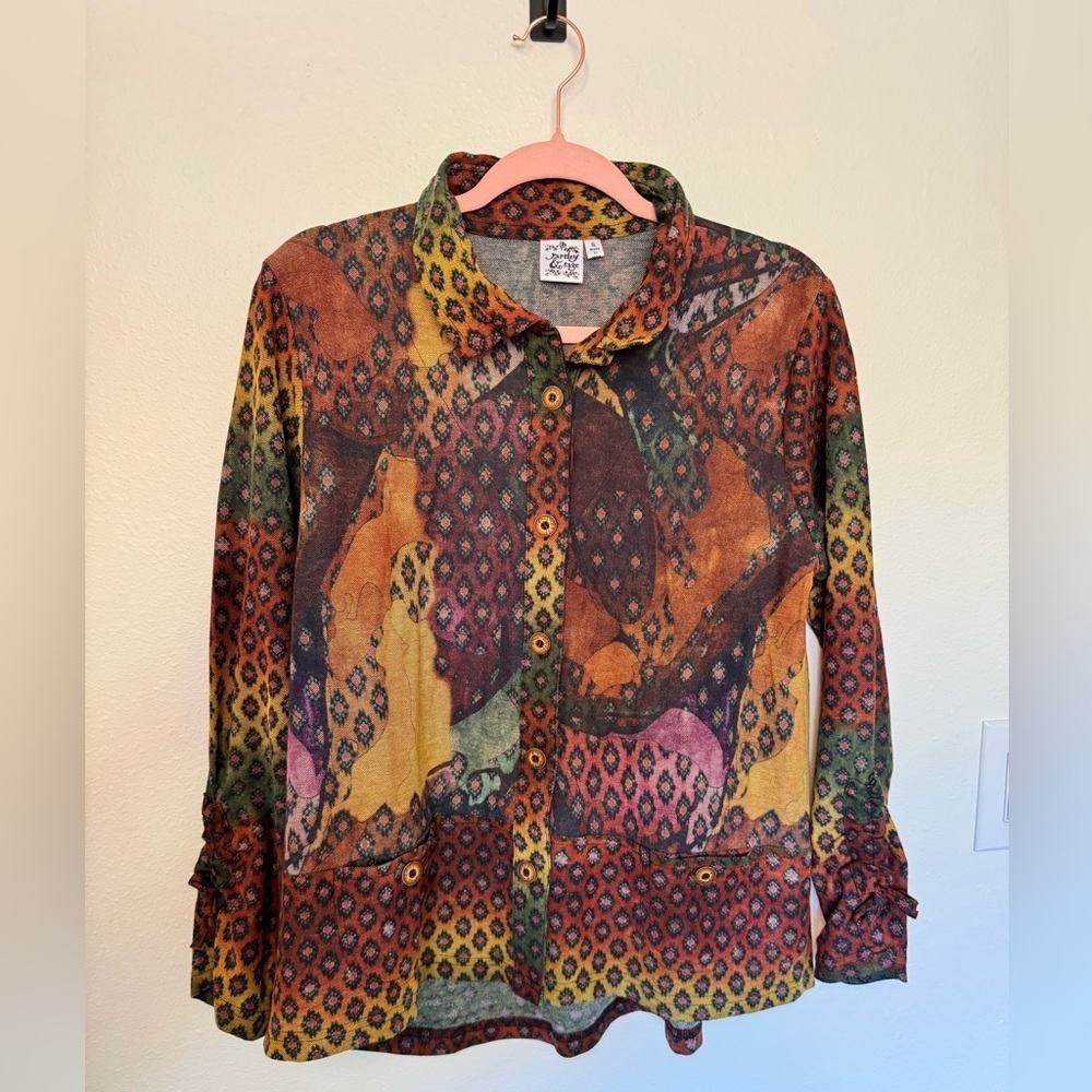 NEW Parsley & Sage Women Button Up Blouse Rainbow Abstract Bow Sleeve Small NWOT